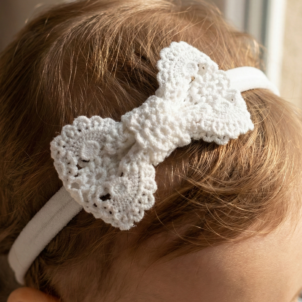 Baby Headband with White Lace Bow | Soft and Handmade