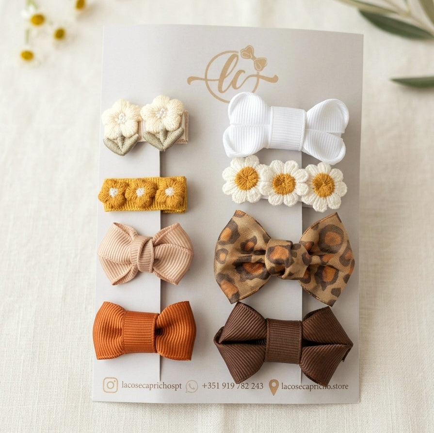 Fantasia de Outono | Kit 8 Laços e Hair Clips | Artesanal Premium | Recém-Nascido a 24 Meses