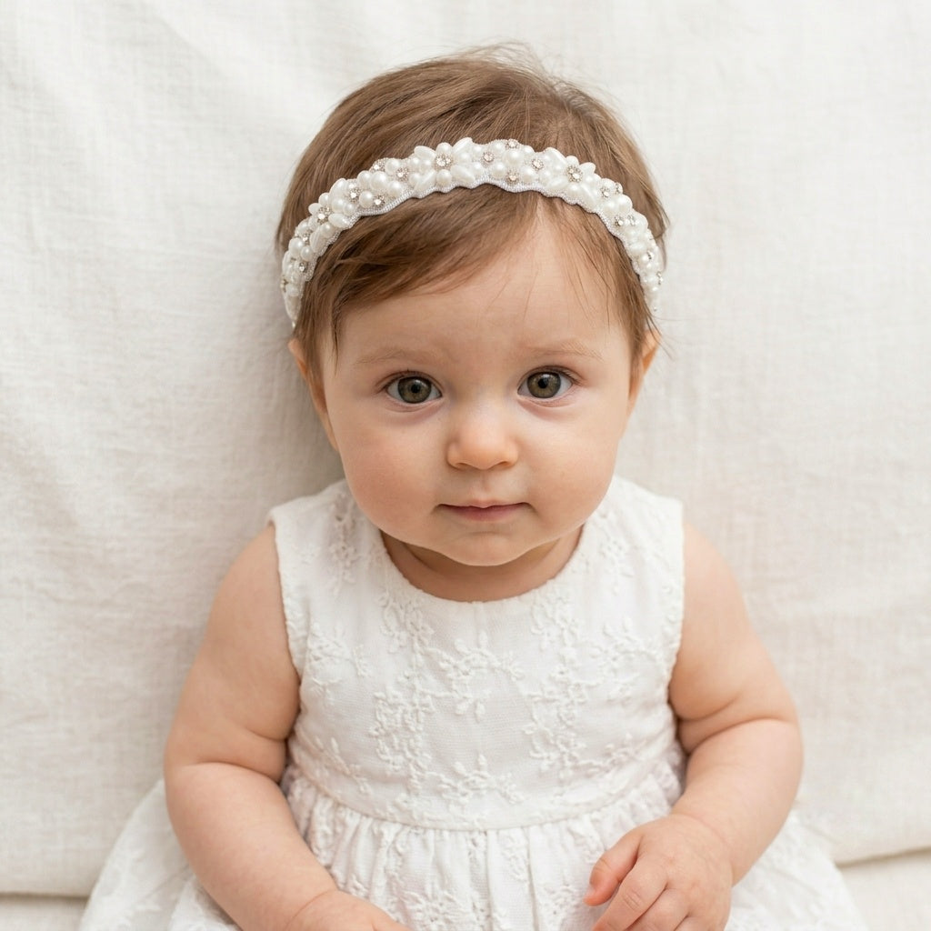 Baptism Headband Embroidered with Pearls and Rhinestones (6M-3 years)