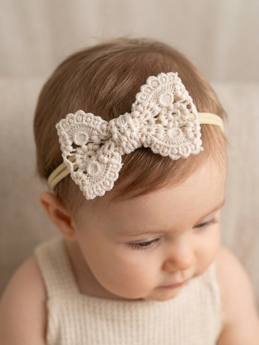 Diadema de Bebé com Laço Renda Branco | Suave e Artesanal